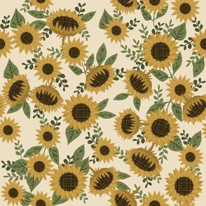 sunflowers fabric - sunflower floral, floral fabric, fall floral, autumn floral - cream