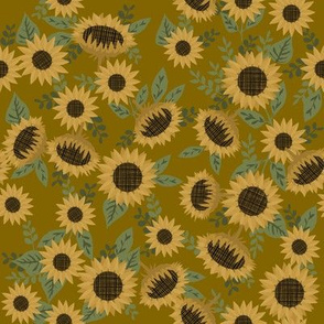 sunflowers fabric - sunflower floral, floral fabric, fall floral, autumn floral - ochre