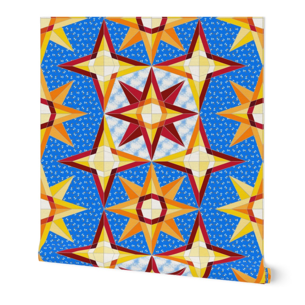 Compass rose geometric star quilt blue 5