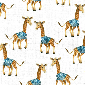 Giraffe in Striped Shirt on white textured background