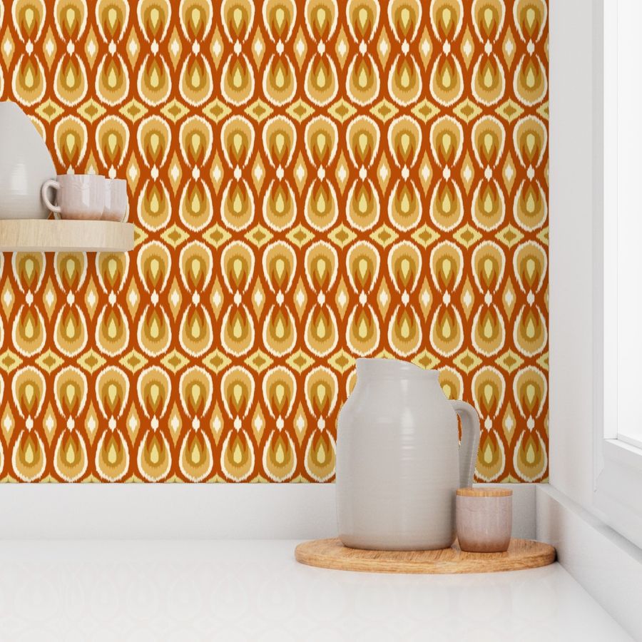 teardrop ikat in rust, apricot and yellows