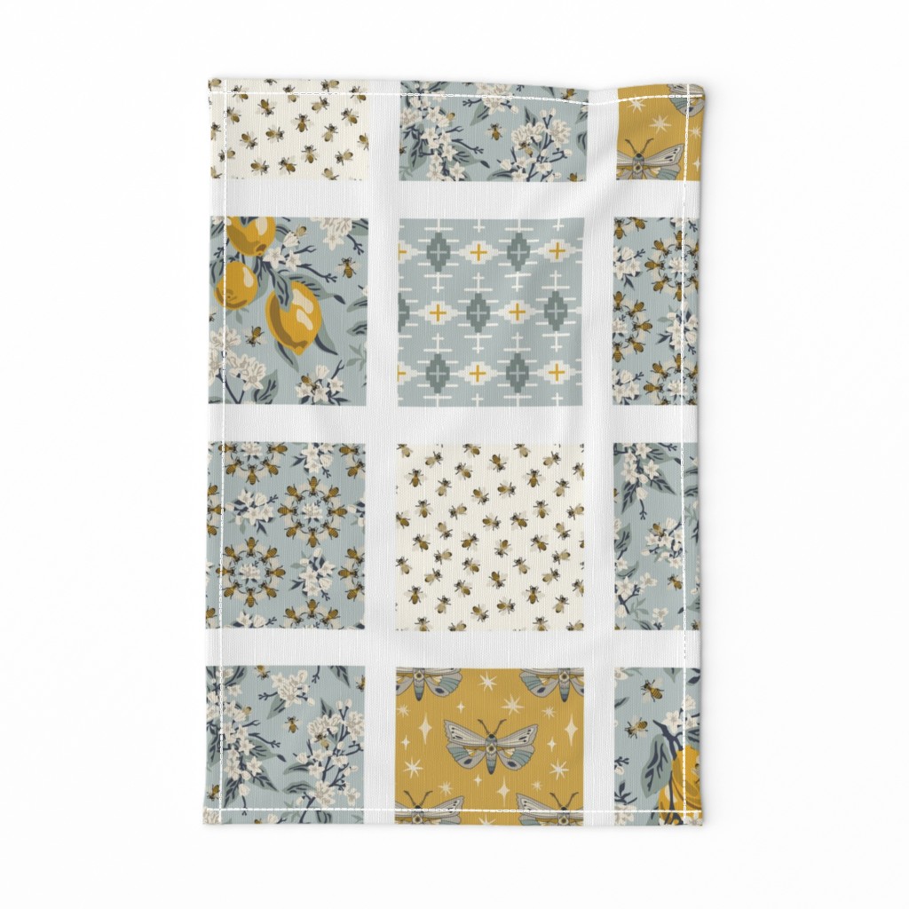 Bees, Lemons, & Moths with White Sashing - Cheater Quilt - Aqua Blue, Yellow Gold