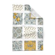 Bees, Lemons, & Moths with White Sashing - Cheater Quilt - Aqua Blue, Yellow Gold