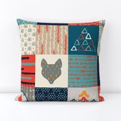 Scandi Woodland Adventure Cheater Quilt // Animals + Landscape // Texture, Shapes, Geometric // Rainbows, Outdoors, Hiking, Trees, Forest, Mountains, Compass, Owl, Fox, Bear, Deer, Reindeer, Sunshine, Squirrel, Hedgehog, Paw print, Dots, Clouds, Weather