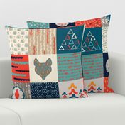 Scandi Woodland Adventure Cheater Quilt // Animals + Landscape // Texture, Shapes, Geometric // Rainbows, Outdoors, Hiking, Trees, Forest, Mountains, Compass, Owl, Fox, Bear, Deer, Reindeer, Sunshine, Squirrel, Hedgehog, Paw print, Dots, Clouds, Weather