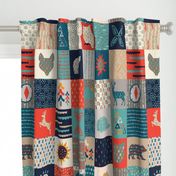 Scandi Woodland Adventure Cheater Quilt // Animals + Landscape // Texture, Shapes, Geometric // Rainbows, Outdoors, Hiking, Trees, Forest, Mountains, Compass, Owl, Fox, Bear, Deer, Reindeer, Sunshine, Squirrel, Hedgehog, Paw print, Dots, Clouds, Weather