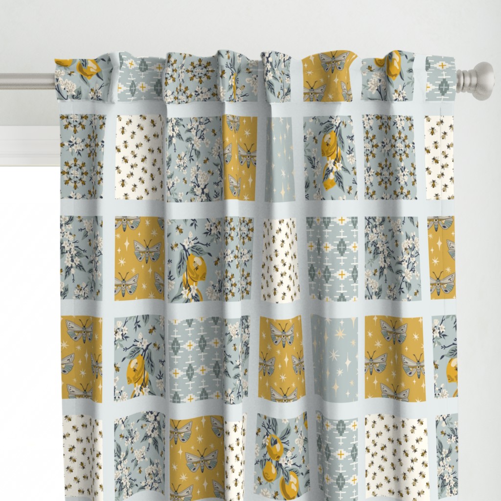 Bees, Lemons, & Moths - Cheater Quilt - Aqua Sashing