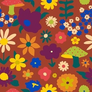 60's Country Mushroom Floral in Rust