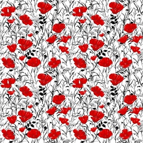 Red Poppy Field Black Leaves White Small Scale 