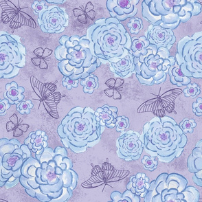 Roses and butterflies, blue violet, large