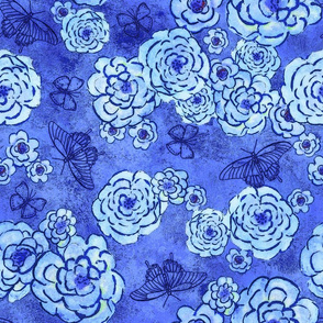 Roses and butterflies, blue, large