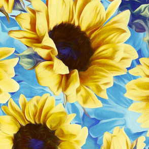 dreamy yellow sunflowers on blue with grunge texture - large