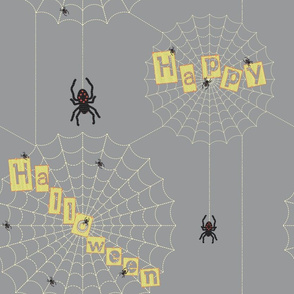 Happy Halloween "Stiched"  Signs with Spiders - Light Grey
