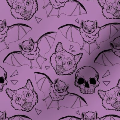 Cats and Bats and Skulls on Purple