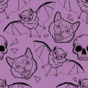 Cats and Bats and Skulls on Purple