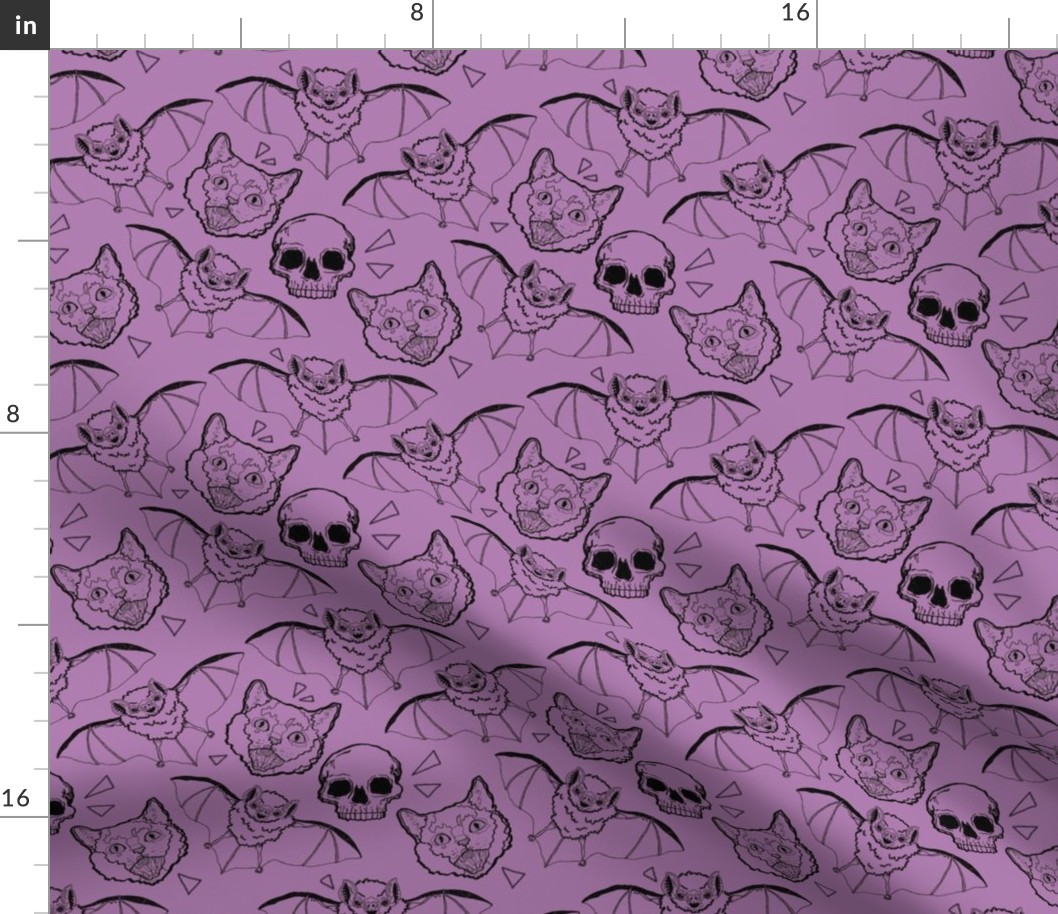 Cats and Bats and Skulls on Purple