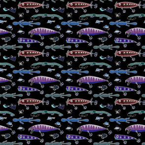 Fishing lures on black 6x6