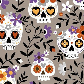 Sugar Skull Embroidery / Warm Grey / Large Scale