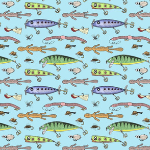 Fishing lures on blue 8x8