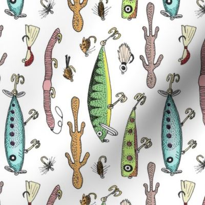 Fishing lures on white tea towel