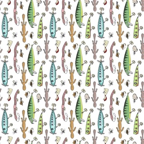 Fishing lures on white tea towel