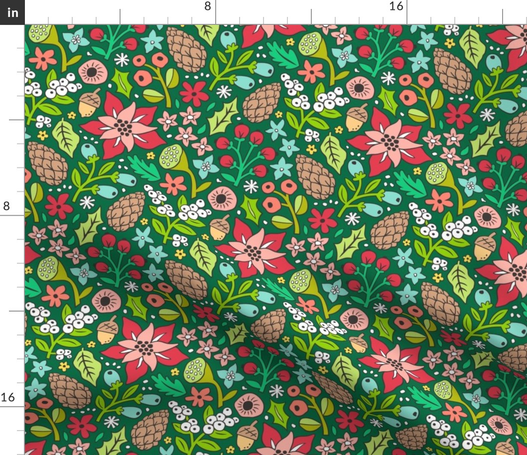 Vintage Winter Christmas Floral Doodle on Dark Green