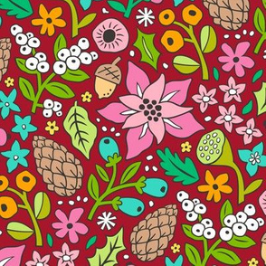 Vintage Winter Christmas Floral Doodle Pink on Dark Red