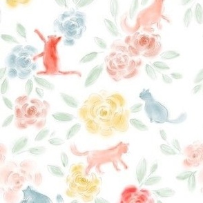 Playful cats soft watercolor floral