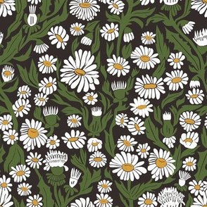 daisy garden fabric - yellow, woodblock, linocut, block print fabric, garden floral fabric - black