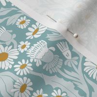 daisy garden fabric - yellow, woodblock, linocut, block print fabric, garden floral fabric - muted blue