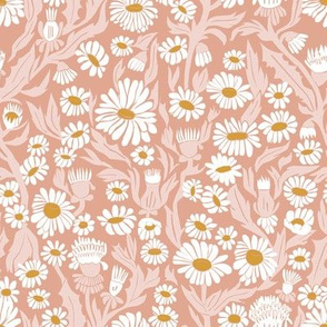daisy garden fabric - yellow, woodblock, linocut, block print fabric, garden floral fabric - muted pink