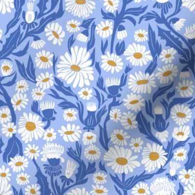 daisy garden fabric - yellow, woodblock, linocut, block print fabric, garden floral fabric - powder blue