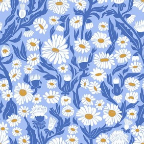 daisy garden fabric - yellow, woodblock, linocut, block print fabric, garden floral fabric - powder blue