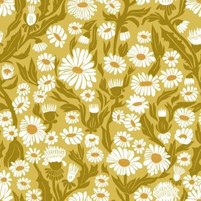 daisy garden fabric - yellow, woodblock, linocut, block print fabric, garden floral fabric - yellows