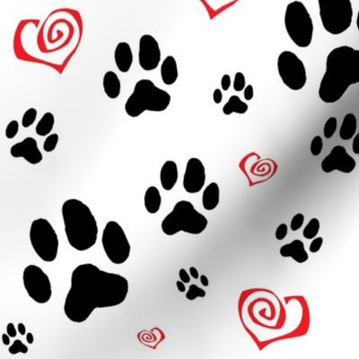 Paws Pawprints and Hearts - Black and Red on white