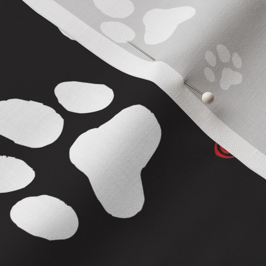 Paws Pawprints and Hearts - White and Red on Black