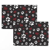 Paws Pawprints and Hearts - White and Red on Black