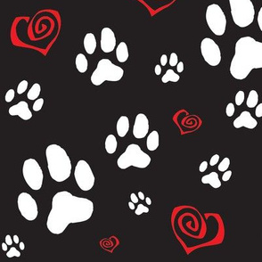 Paws Pawprints and Hearts - White and Red on Black
