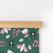 Insects and spider garden botanical creepy bugs flies and leaves night forest green pink