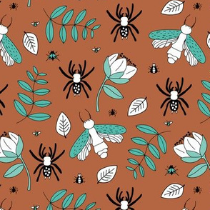 Insects and spider garden botanical creepy bugs flies and leaves cinamon brown blue
