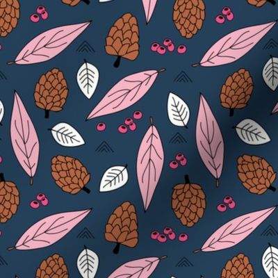 Acorns and leaves fall winter garden navy blue pink