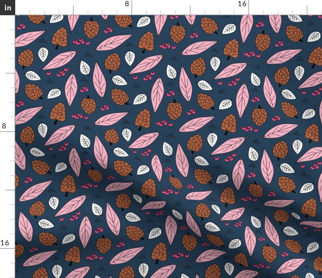 Acorns and leaves fall winter garden navy blue pink