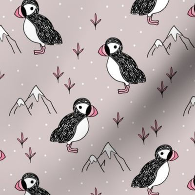 Little puffin birds winter wonderlands and ice snow mountains mauve pink girls