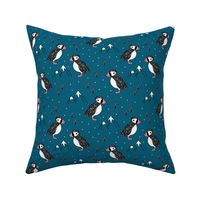 Little puffin birds winter wonderlands and ice snow mountains night blue pink girls