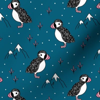 Little puffin birds winter wonderlands and ice snow mountains night blue pink girls