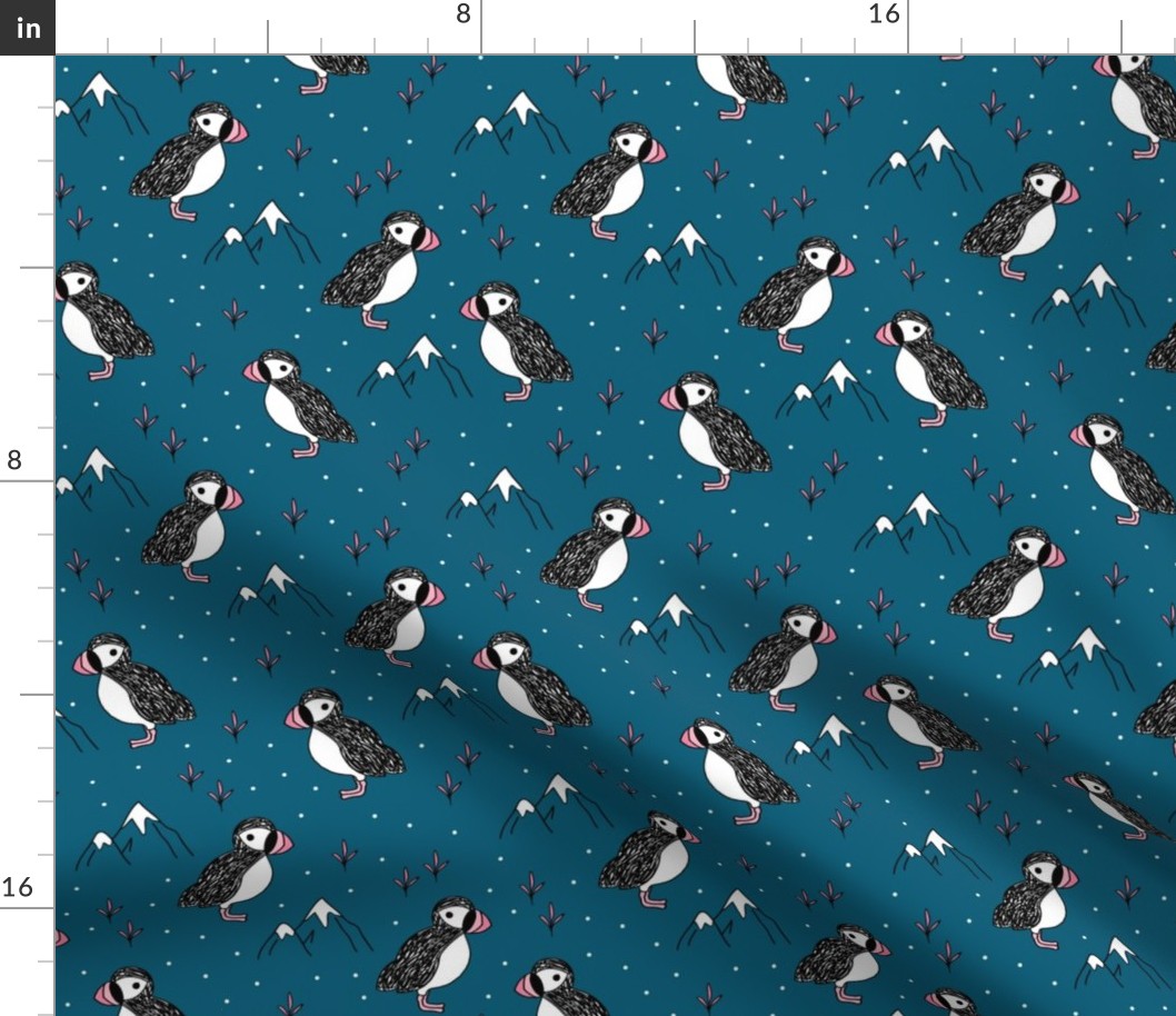 Little puffin birds winter wonderlands and ice snow mountains night blue pink girls