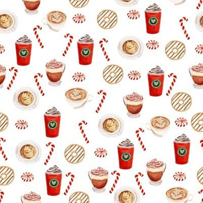 SMALL - watercolor peppermint latte, coffee and donuts, christmas, xmas, holiday fabric, candy cane - white