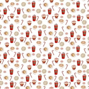 TINY - watercolor peppermint latte, coffee and donuts, christmas, xmas, holiday fabric, candy cane - white