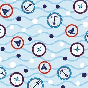 Seamless pattern of sailing icons with blue dots and waves