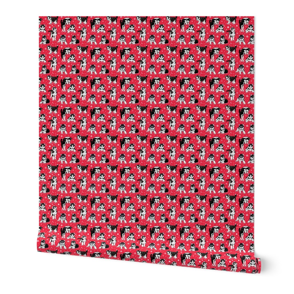 Husky puppies and snowflakes on red 4x4